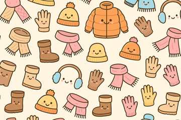 Cute winter clothing patterns featuring hats, gloves, scarves, and boots on a light background
