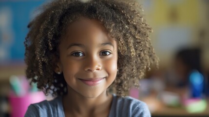 A young student smiling warmly in a classroom setting, exuding a positive learning atmosphere.