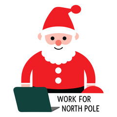 Santa Claus Using Laptop with “Work from North Pole” Text on White Background