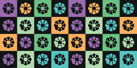 Fototapeta premium Modern Pastel Floral Seamless Pattern with Daisies and Geometric Checkered Background – Trendy Vector Illustration for Spring and Summer Designs