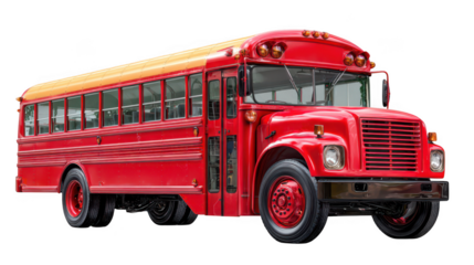 Classic red school bus with yellow roof and black wheels, isolated on transparent background