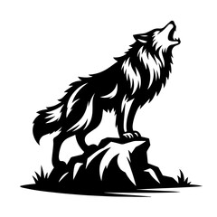Clean black and white silhouette vector of a wolf howling on rock on white background
