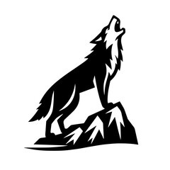 Clean black and white silhouette vector of a wolf howling on rock on white background