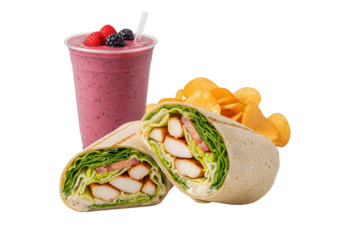 Healthy Chicken Wrap with Smoothie and Chips, Isolated on White