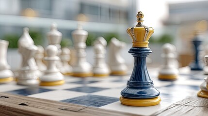 A vibrant king chess piece commands attention on a stylish chessboard surrounded by other pieces, highlighting strategic gameplay