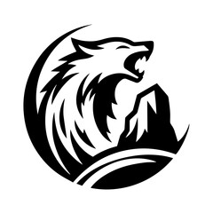 Fototapeta premium Clean black and white silhouette vector of a wolf howling on rock on white background