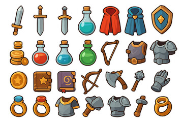 Collection of fantasy game items including weapons, armor, and potions in a colorful design
