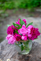 Beautiful bouquet of summer peonies flowers in a glass vase 