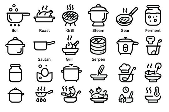 Cooking techniques illustrated with simple icons for easy reference for chefs and home cooks
