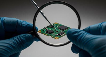 An electronics engineer in blue protective gloves meticulously inspects a green printed circuit board with a magnifying glass and probe in a laboratory.