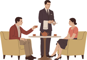 A waiter is serving tea to a couple sitting at a table in a restaurant, creating an elegant and social atmosphere
