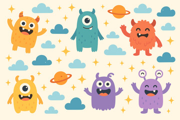 Colorful cartoon monsters enjoying a whimsical day in a cheerful outer space setting with planets and clouds