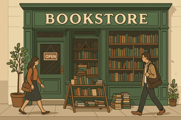 Charming bookstore welcomes visitors with an open sign and vibrant displays in a bustling corner street