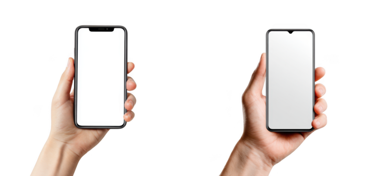 Hand holding a smartphone with a blank screen, isolated on transparent background