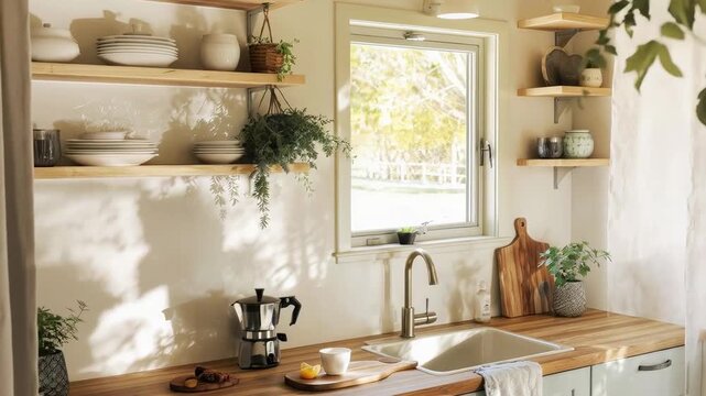 Sunlight illuminates a minimalist kitchen, casting moving shadows throughout the day