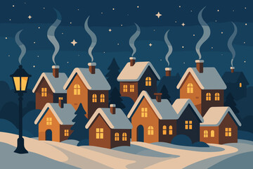 Fototapeta premium Cozy winter village under a starry night sky with smoke rising from chimneys