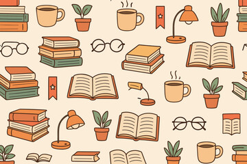 Pattern of books, plants, and coffee cups creating a cozy reading atmosphere