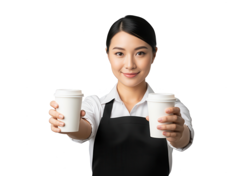 Asian Barista Serving Coffee Cups, White Background