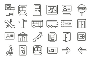 Signs and symbols representing public transportation options in a city, including train, bus, and navigation icons