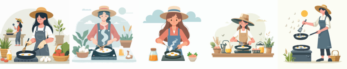 female farmer character vector frying eggs