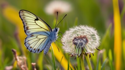 Delicate White Butterfly Resting on a Fluffy Dandelion in a Vibrant Green Meadow, Capturing the Serene Beauty of Nature and Wildlife, Ideal for Spring, Garden, and Ecosystem Themes