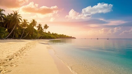 Idyllic Tropical Beach at Sunset with White Sand, Crystal Clear Turquoise Water, and Tall Palm Trees Under a Vibrant Sky with Soft Clouds, Ideal for Vacation, Relaxation, and Nature Themes