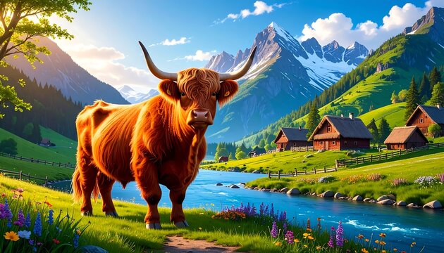 Highland cow in idyllic alpine valley