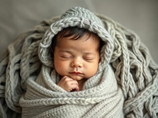 Peaceful Newborn Baby Sleeping Cozily Wrapped in a Soft Knit Hooded Blanket, Capturing a Tender and Serene Moment of Innocence, Ideal for Nursery, Family, and Parenthood Themes