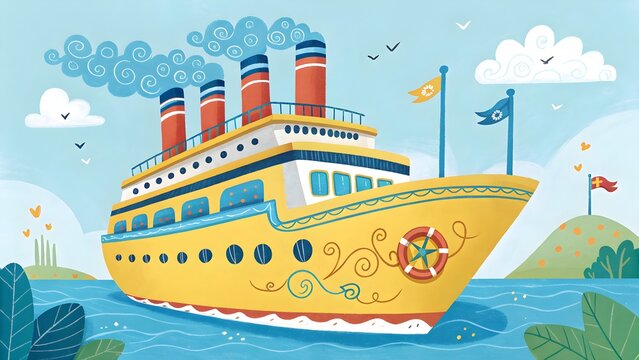 A colorful cartoon vector illustration of a ship sailing on the sea with waves - Powered by Adobe