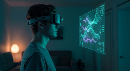 Man Wearing Neural Headband in Dark Room Using Holographic Interface for Mindfulness Therapy with Floating 3D Brainwave Graphs and Ambient Teal Light