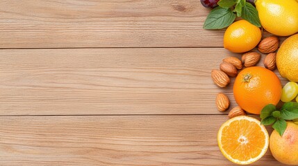 Fresh Fruits and Nuts Arrangement on Wooden Table Surface