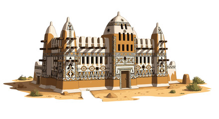 Obraz premium Grand Dogon dwelling in Mali, traditional architecture, intricate design, desert setting.