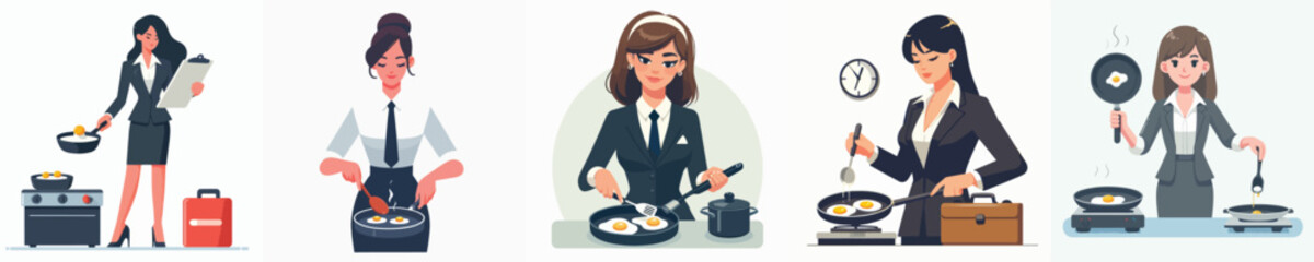 female secretary character vector frying eggs