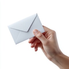 A hand holding a small, generic white envelope, isolated on a white background. Mail, communication.