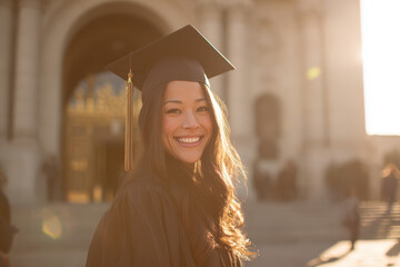 Smiling graduate poses wearing academic dress and cap on graduation day at university