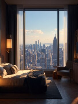 interior of a luxury hotel room with a panoramic view of a bustling city symbolizing business travel accommodation