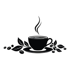 Hot coffee cup with leaves and beans silhouette vector
