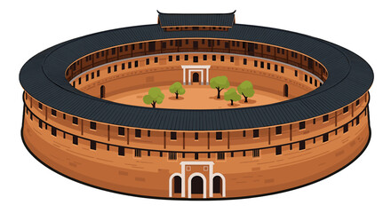 Circular earthen structure, traditional Chinese architecture, courtyard, dwelling, fortified walls,  roof.
