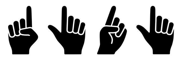 Obraz premium Black and white vector icon set of four hands pointing with index finger. Monochrome simple hand gestures illustration collection for communication, direction, and choosing concepts. Glyph style desig