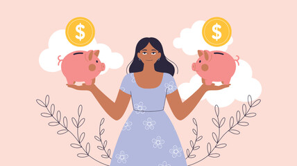 A woman is balancing piggy banks with dollar coins, symbolizing financial planning and investment for future wealth