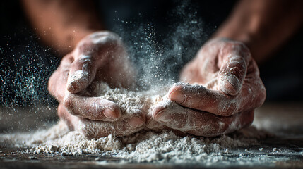 Fototapeta premium A close up of hands holding and sifting a powdery substance with dust particles floating in the air