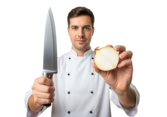 Confident Chef Holding Knife and Onion Isolated on White