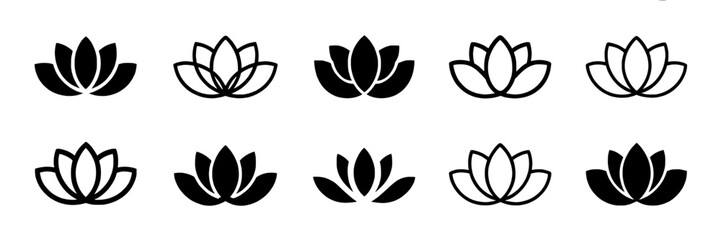 Ten stylized lotus flower icons in two rows, some filled with black, others outlined, on a plain white background