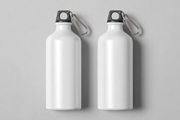 Two identical white aluminum water bottles with black caps and clips, positioned vertically on a light gray background