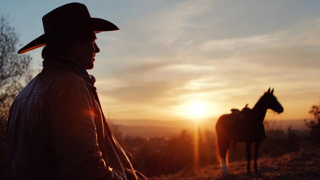 Peace and beauty of nature. A cowboy relaxes with his horse, looking at the picturesque landscape at sunset.