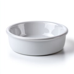 A plain white pet food bowl empty, isolated on a pure white background. Pet care, feeding.