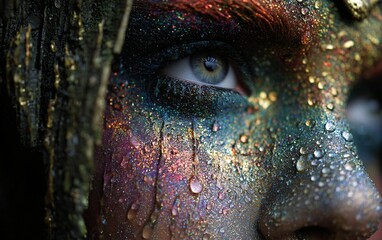 Naklejka premium Close-up of the face and nose of an elf woman, covered in colorful paint splatters on her skin. She is standing near trees with raindrops falling around her.