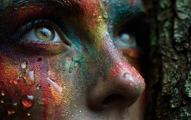 Naklejka premium Close-up of a face painted in rainbow colors, covered with forest debris and water droplets,