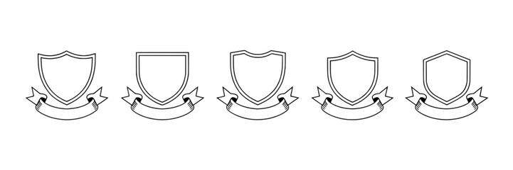 Five variations of outline shield and ribbon emblems on a white background.