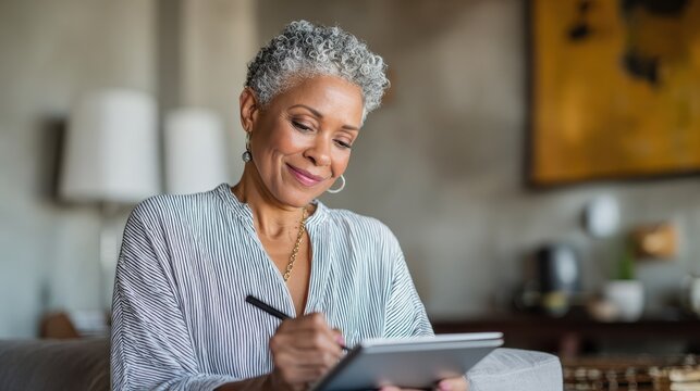 portrait of mature executive businesswoman using digital tablet while working from home african mature woman working on laptop at home happy smiling mid adult woman making notes in smart working no l